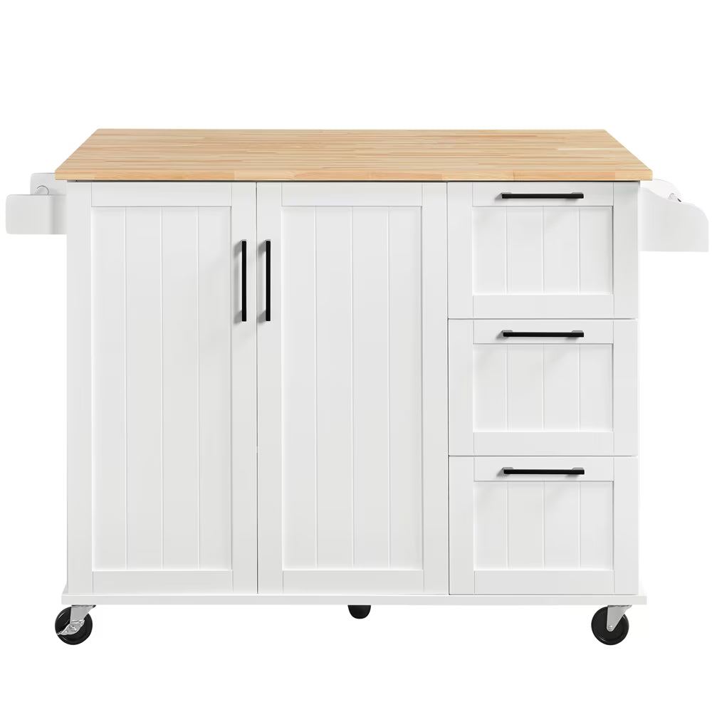 Renwick Rolling Kitchen Cart with Cabinets and Drawers, White