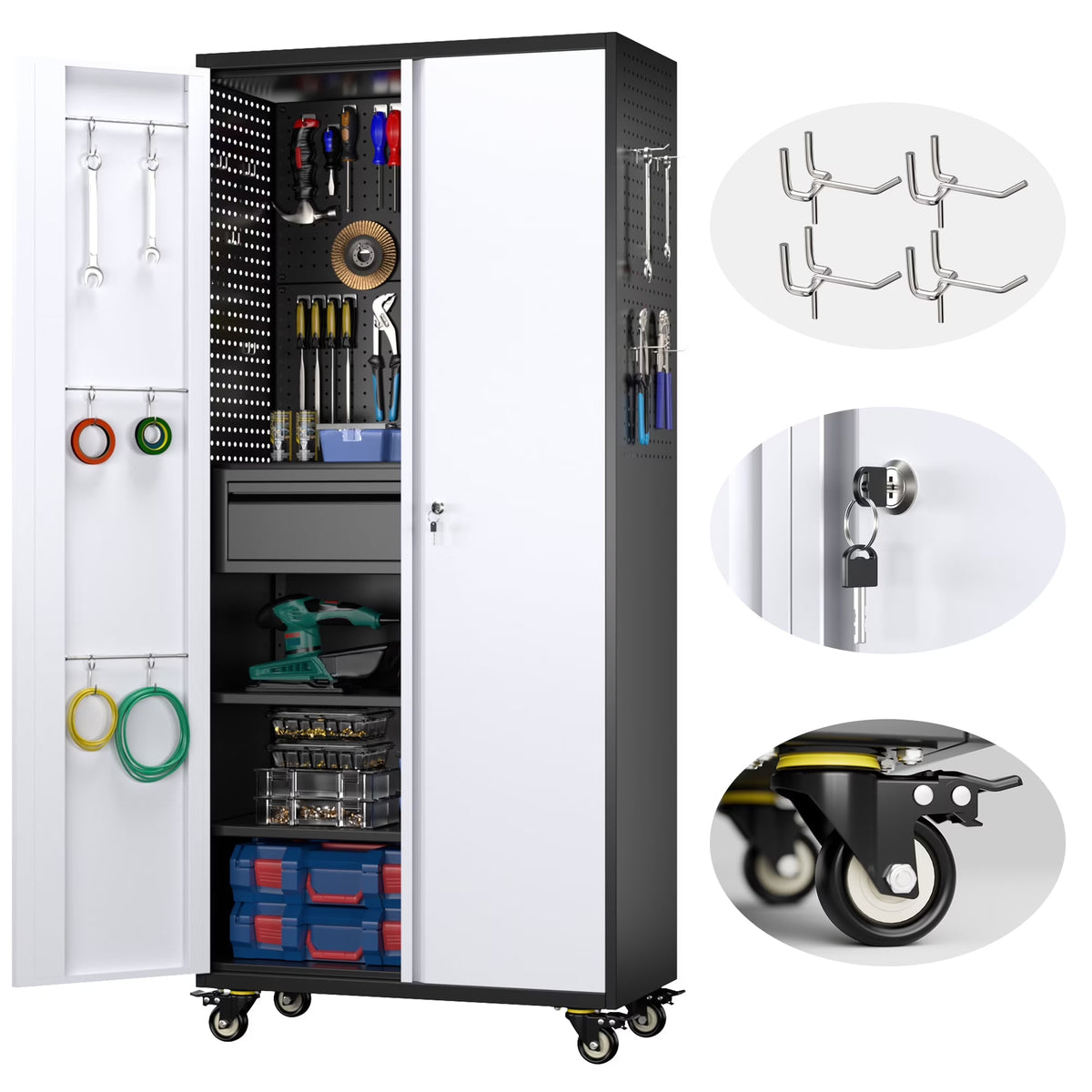 SUPEER 71" Metal Storage Cabinets with Wheels and Pegboards, Industrial Cabinet with 2 Drawers and 2 Adjustable Shelves,, Assembly Required