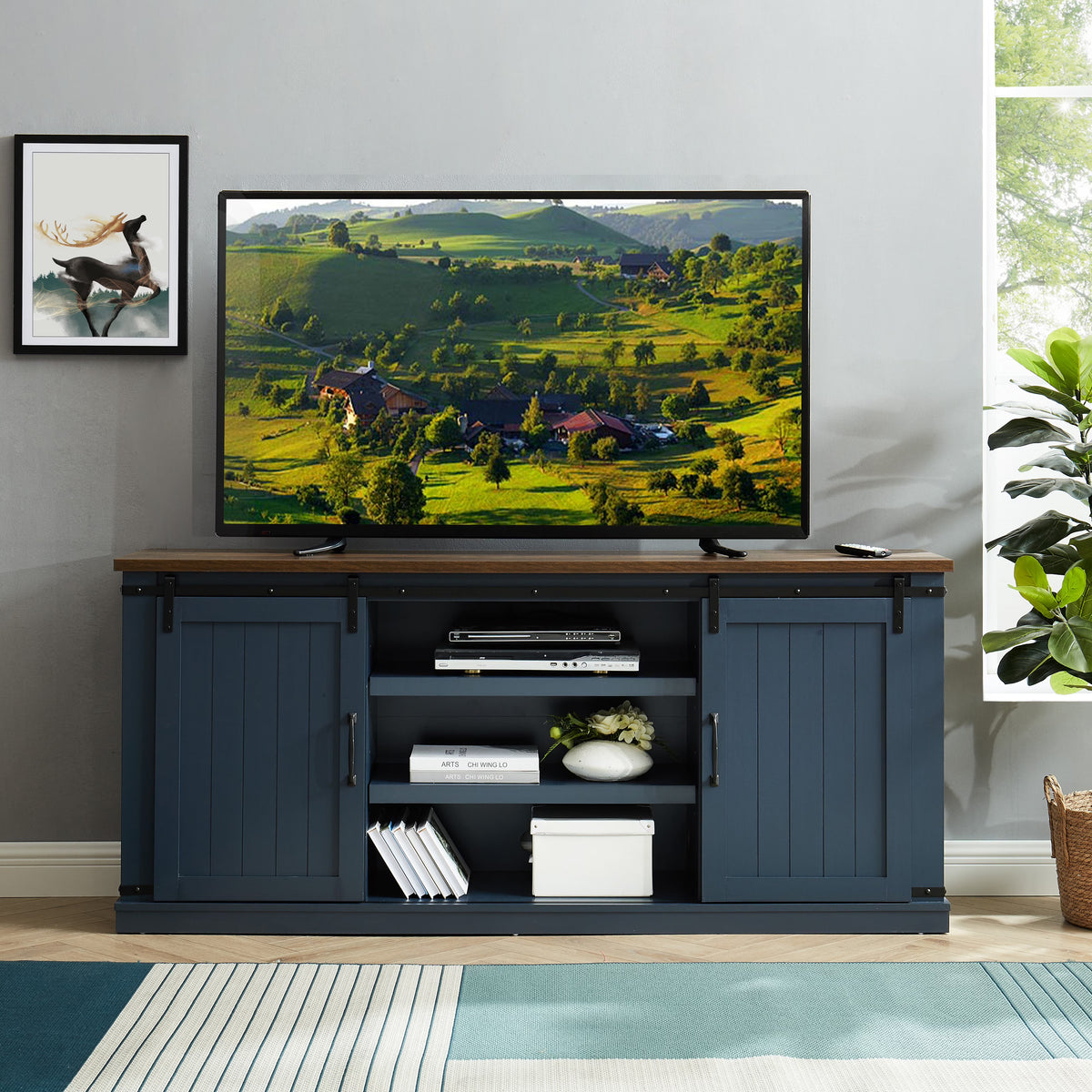 FESTIVO Farmhouse TV Stand for 75" TV, Entertainment Center, Sliding Barn Door TV Stand, 68 inch TV Console Table, Home Living Room Media Console with Adjustable Shelf - Off White