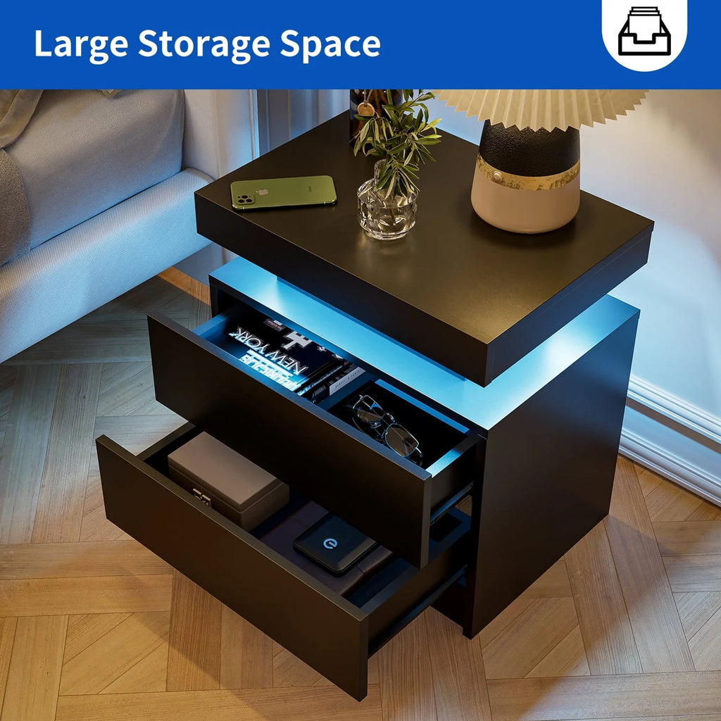 LED Nightstand Set of 2, Modern Bedside Table with 2 Drawers Storage Space, Adjustable Colors LED Light, Black