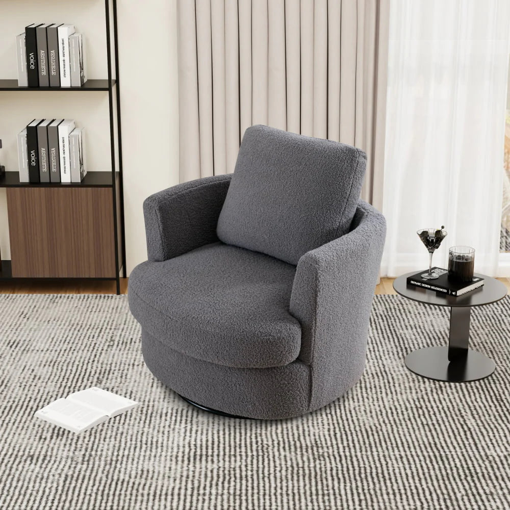 CCBUY 31.9"W Swivel Barrel Chair, Swivel Accent Chair Sherpa Chair with Plump Pillow, Comfy Round Accent Chair for Living Room, Swivel Round Chair with Detachable Cushion, Gray