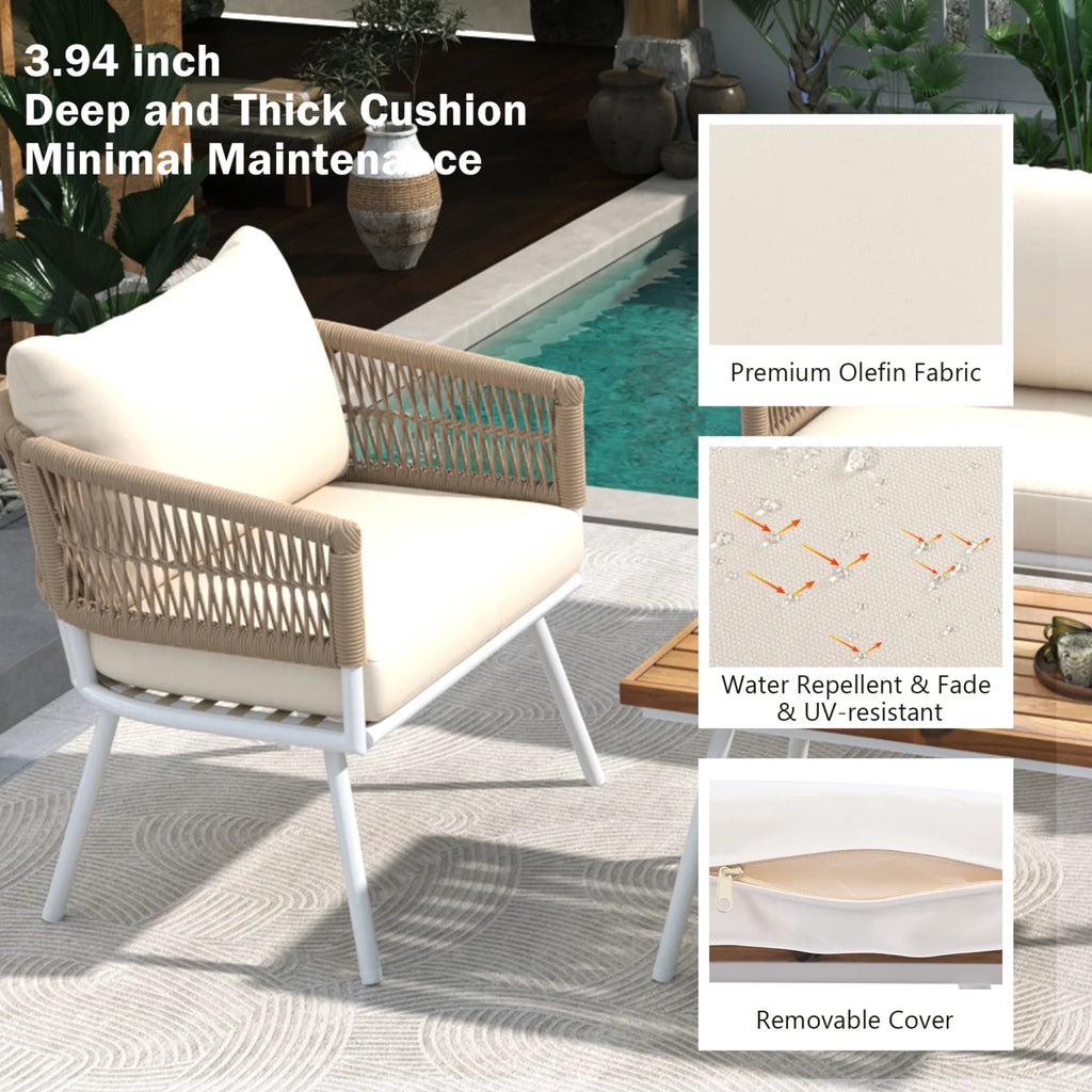 4-Piece Rope Patio Furniture Set with Ajustable Feet, Boho Rope Outdoor Conversation Set with Wood Table, Sofa Seating Set with Thick Cushion for Backyard Lawn Garden, Beige