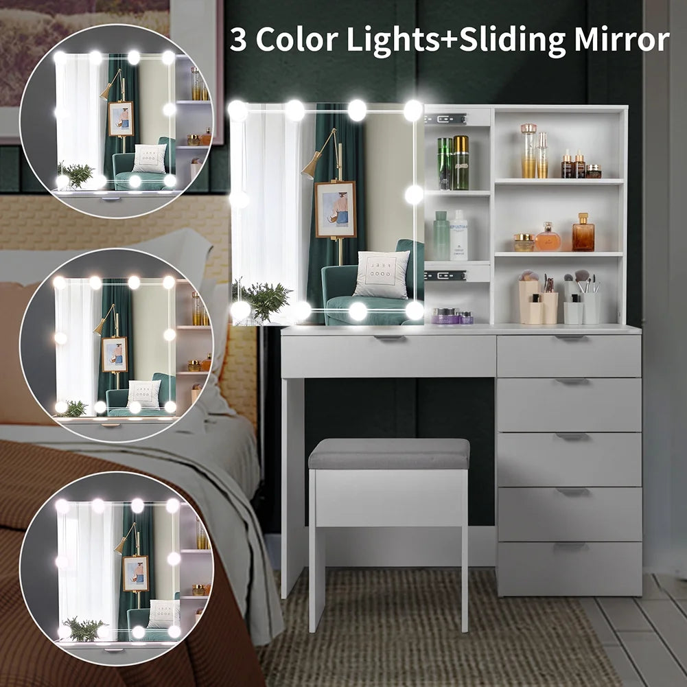 Resenkos Vanity Set with Mirror and 10LED Lights Makeup Vanity Desk Chair with 6 Drawers White