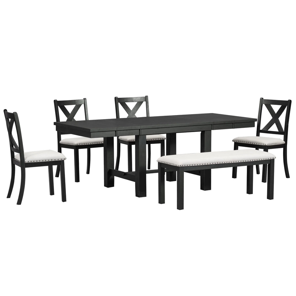 6 Piece Extendable Dining Table Set, Atumon Wood Dining Room Set for 6, Dining Table Set with 4 Beige Cushioned Chairs and Bench, Farmhouse Dining Table Set Furniture for Kitchen Dining Room, Natural