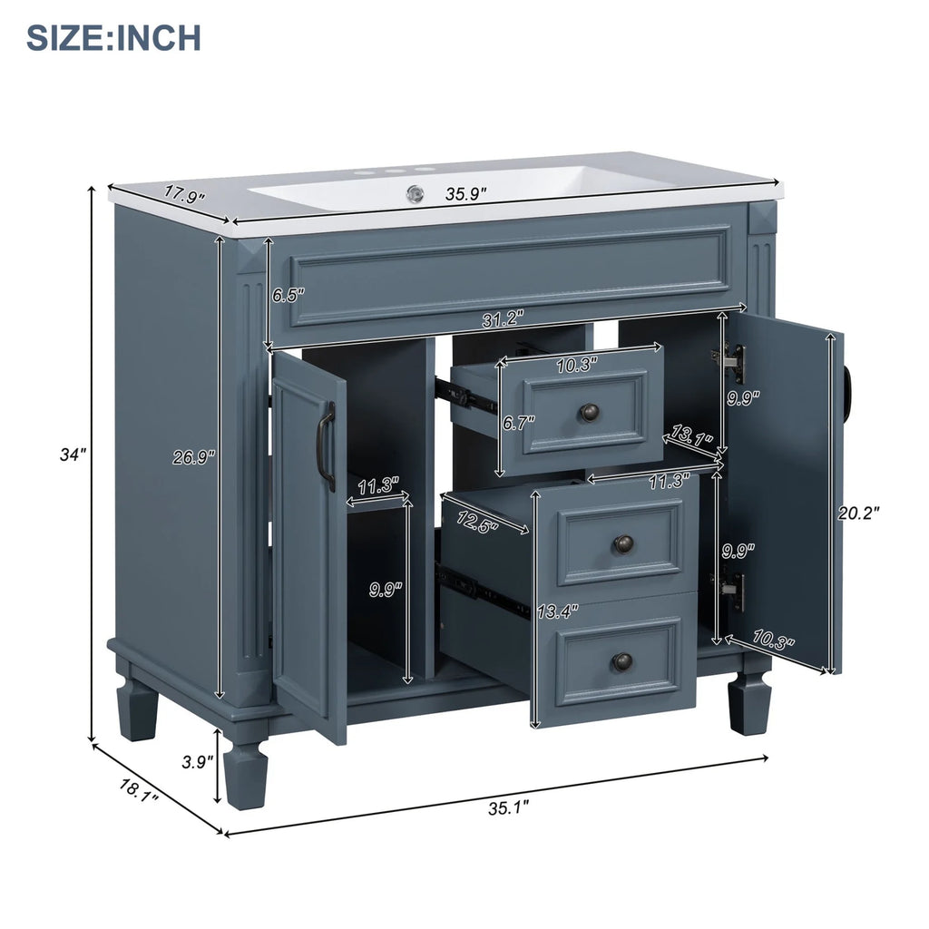 Modern Bathroom Cabinet Set with Top Sink,  Bathroom Vanity with Wall Mounted Bathroom Storage Cabinet, 2 Soft Closing Doors, 2 Drawers, Water-Resistant Paint, Grey
