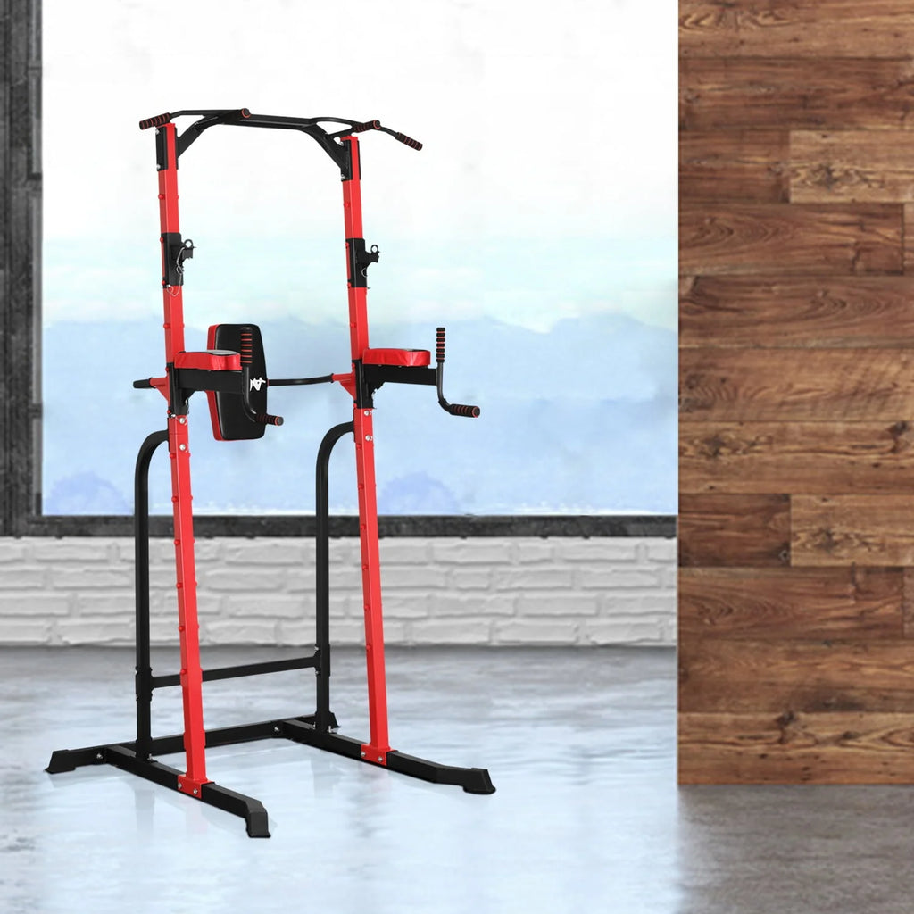 Wesfital Power Tower Dip Stands Multi-Function Pull-Up Bars & Squat Bar Strength Training Fitness Equipment for Home Gym, Red