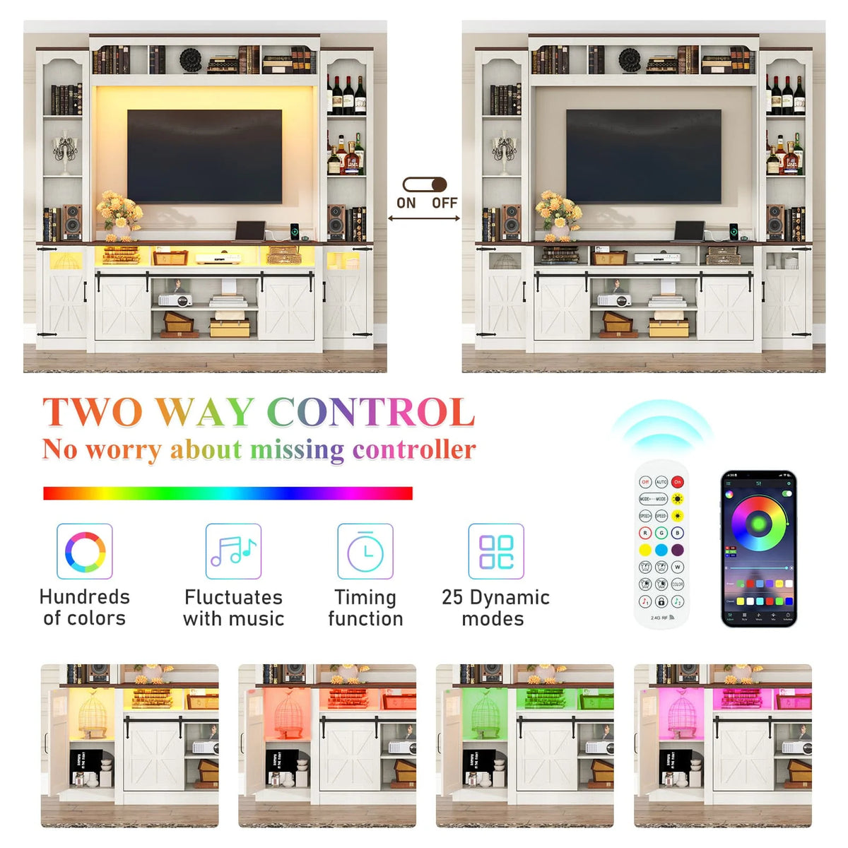 Farmhouse Wall Unit TV Stand with Storage for TVs up to 75", Large Entertainment Center with Bookshelves, LED Light & Power Outlet for Living Room