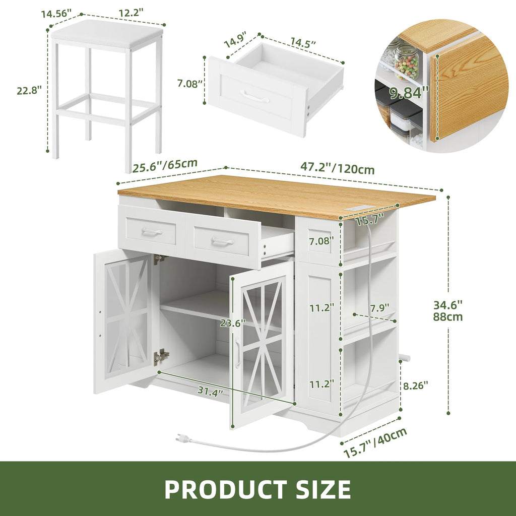 Uforic Kitchen Island Table with Seating & Drop Leaf, Kitchen Island with Storage & Wheels, Off-White