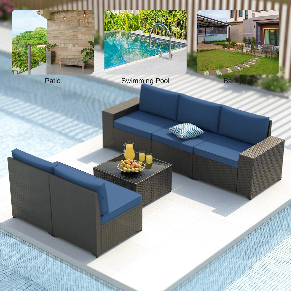 8 Piece Patio Furniture Set with 42" Propane Gas Fire Pit Table with Coffee Table,Blue