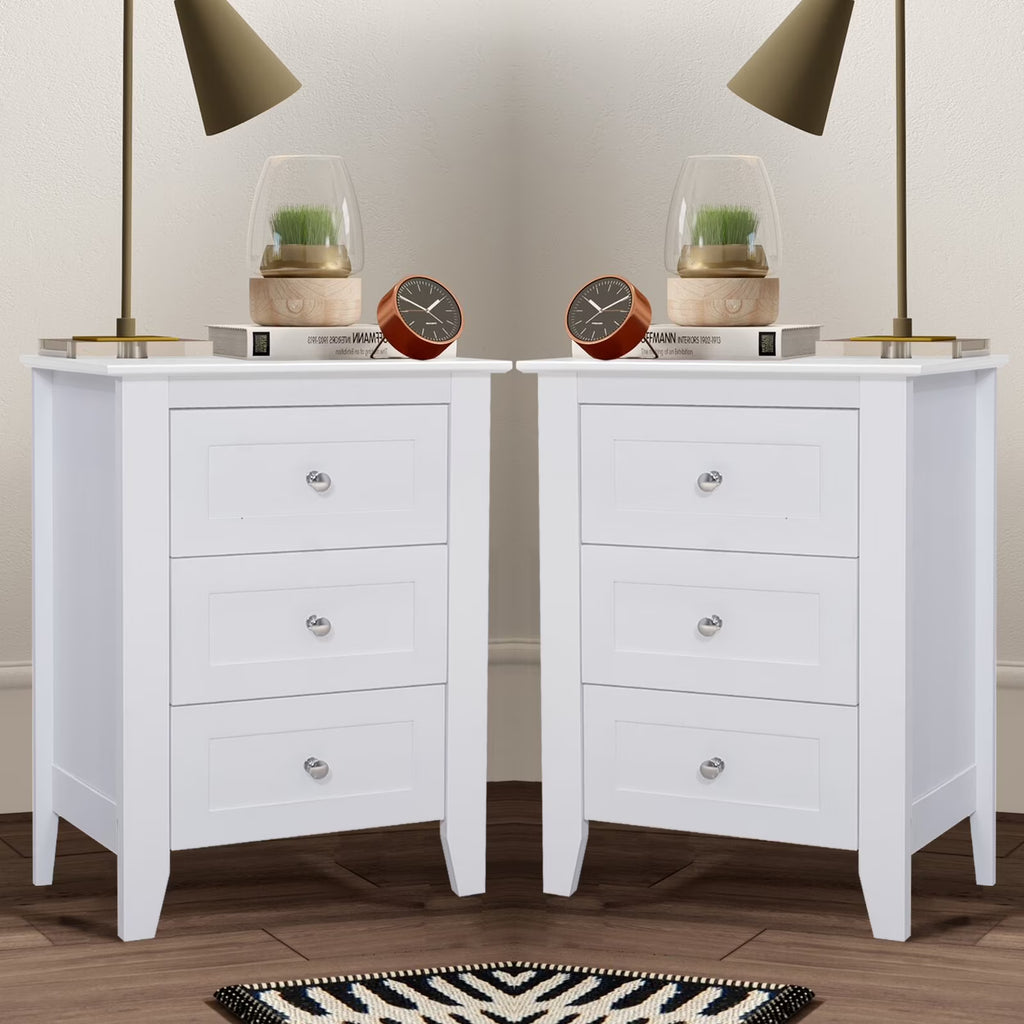 Glavbiku Modern White 3 Drawer Nightstand Set of 2 with USB Ports & Power Outlets for Bedrooms,Adult