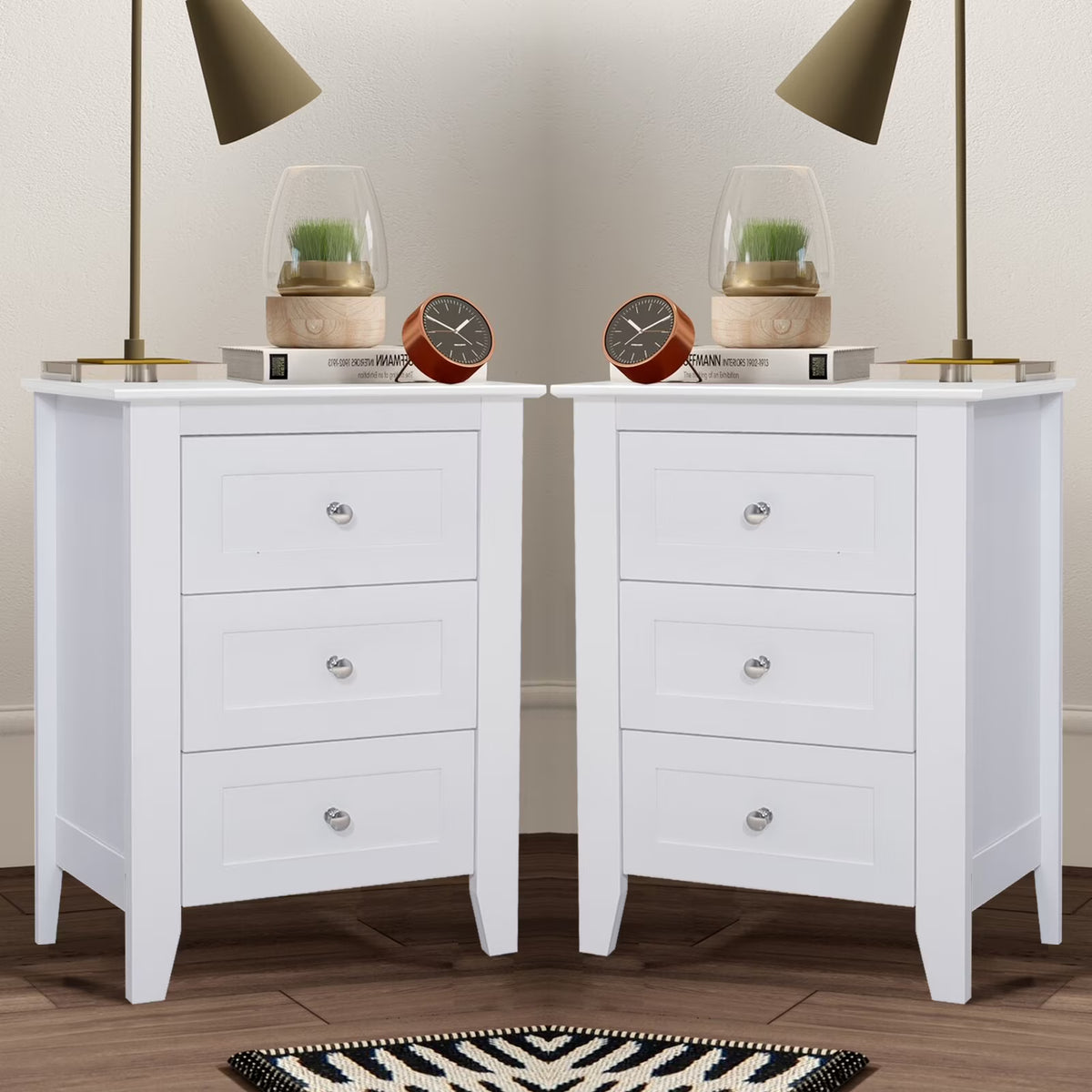 Glavbiku Modern White 3 Drawer Nightstand Set of 2 with USB Ports & Power Outlets for Bedrooms,Adult