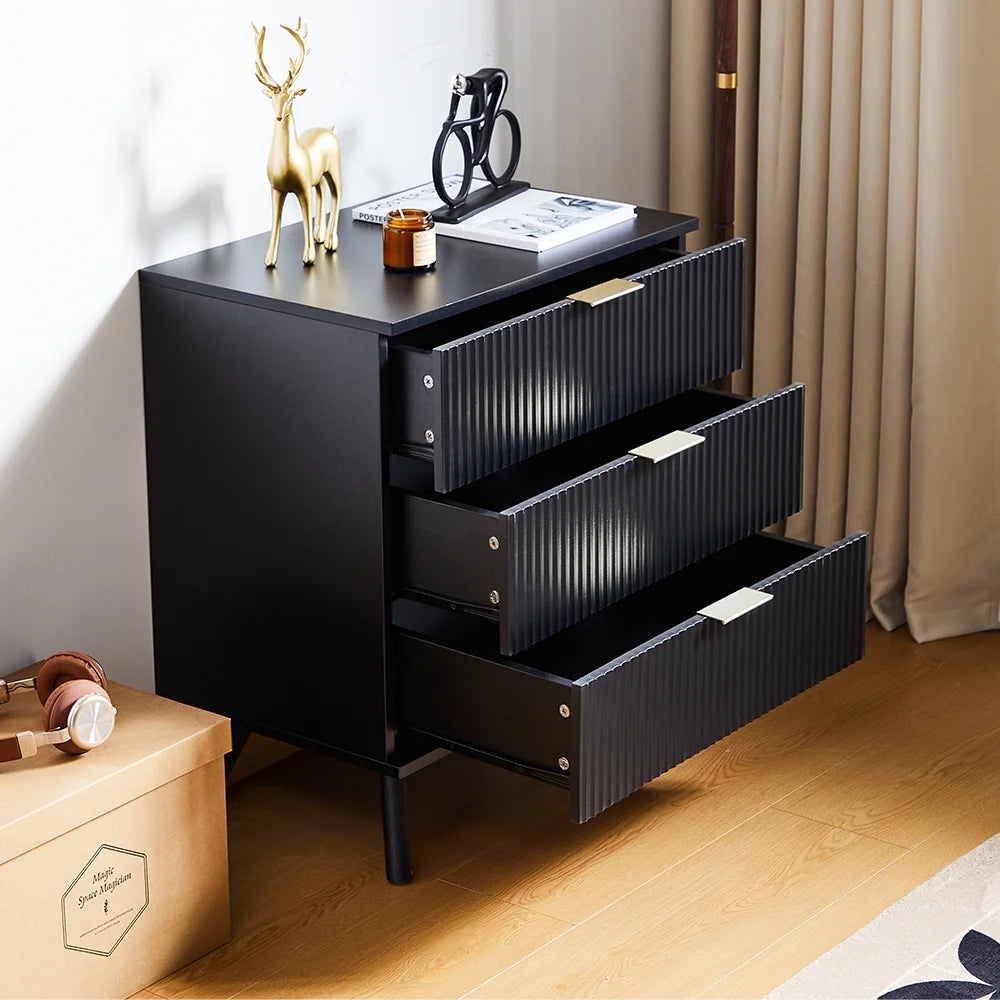 YOCWO Fluted Nightstand for Bedroom Set of 2 , Wood Bedside Table Set of 2 with Drawers, Black
