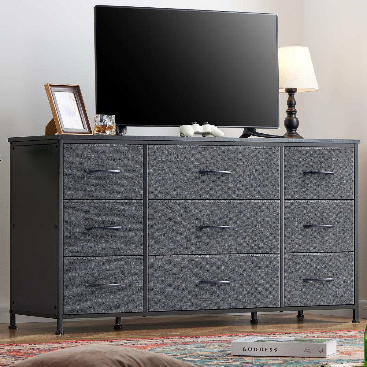 Wide Dresser TV Stand with 9 Drawers Dresser for Bedroom Chests of Drawers for Living Room, Black