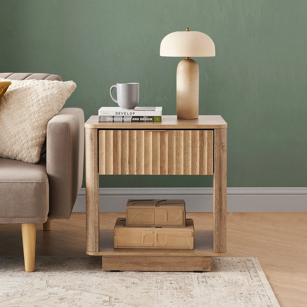 Mopio Brooklyn Oak Nightstand, Modern Farmhouse Side Table with Drawer and Storage, Fluted Panel, Curved Profile, Rose Gold Handle