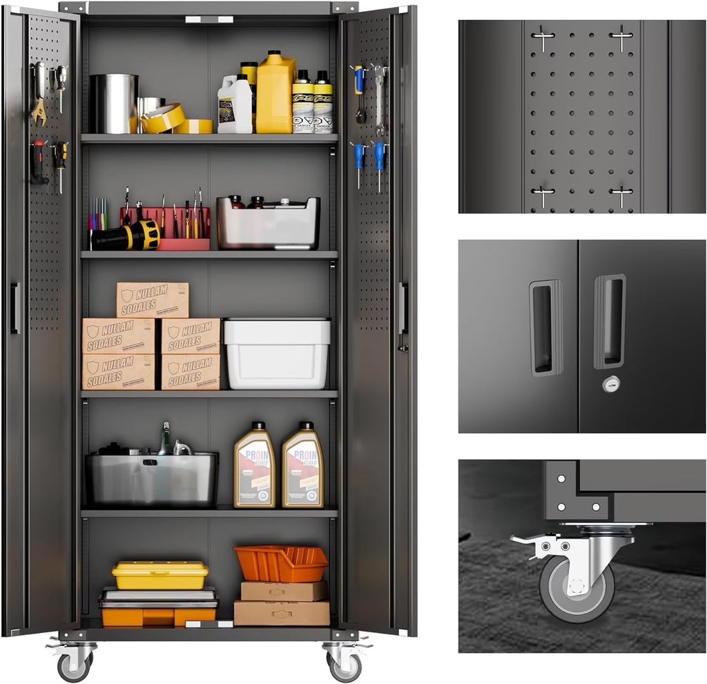 Aobabo Metal Storage Cabinet with Lock,Garage Storage Cabinet with Wheels,72In Steel Storage Cabinet for Garage Home Storage, Black Required-Assembly