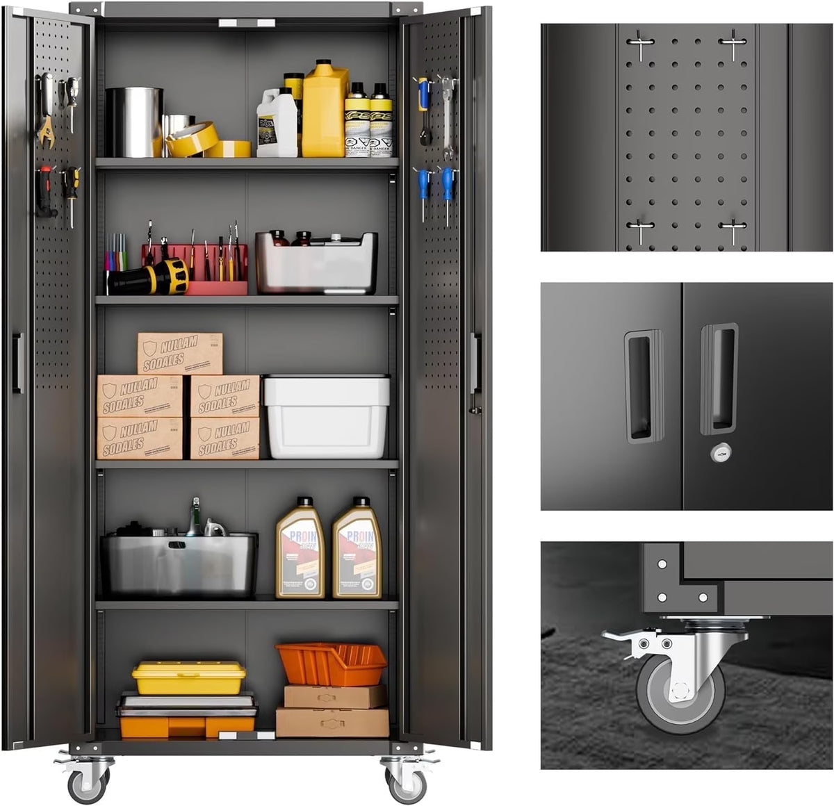 Aobabo Metal Storage Cabinet with Lock,Garage Storage Cabinet with Wheels,72In Steel Storage Cabinet for Garage Home Storage, Black Required-Assembly