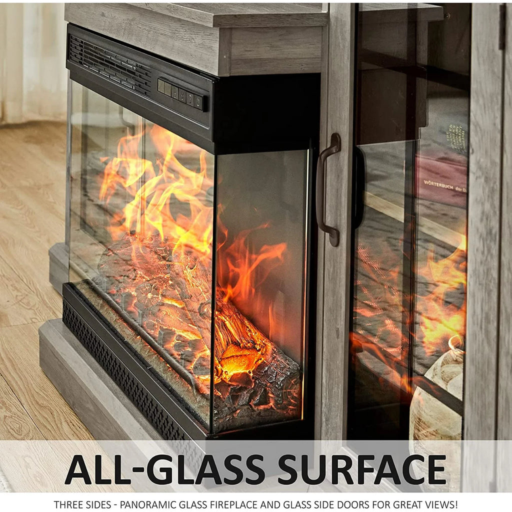Merluxy 75in 3-Sided Glass Fireplace TV Stand for TVs up to 85", Distressed White