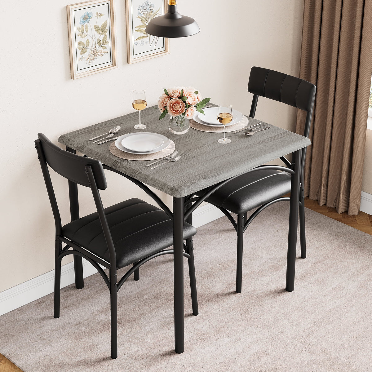 3 Piece Dining Table Set, Modern Industrial Table and Chairs Set for Home Kitchen, Kitchen Table Set for Small Space, Apartment, Rustic Gray