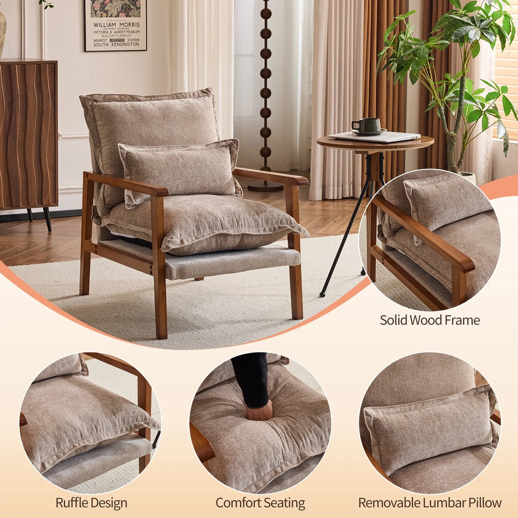 Ktaxon Chenille Accent Chair, Solid Wood Armrests Armchair, Metal Frame for Stability, Single Sofa with Comfortable Cushions and Lumbar Pillow Beige