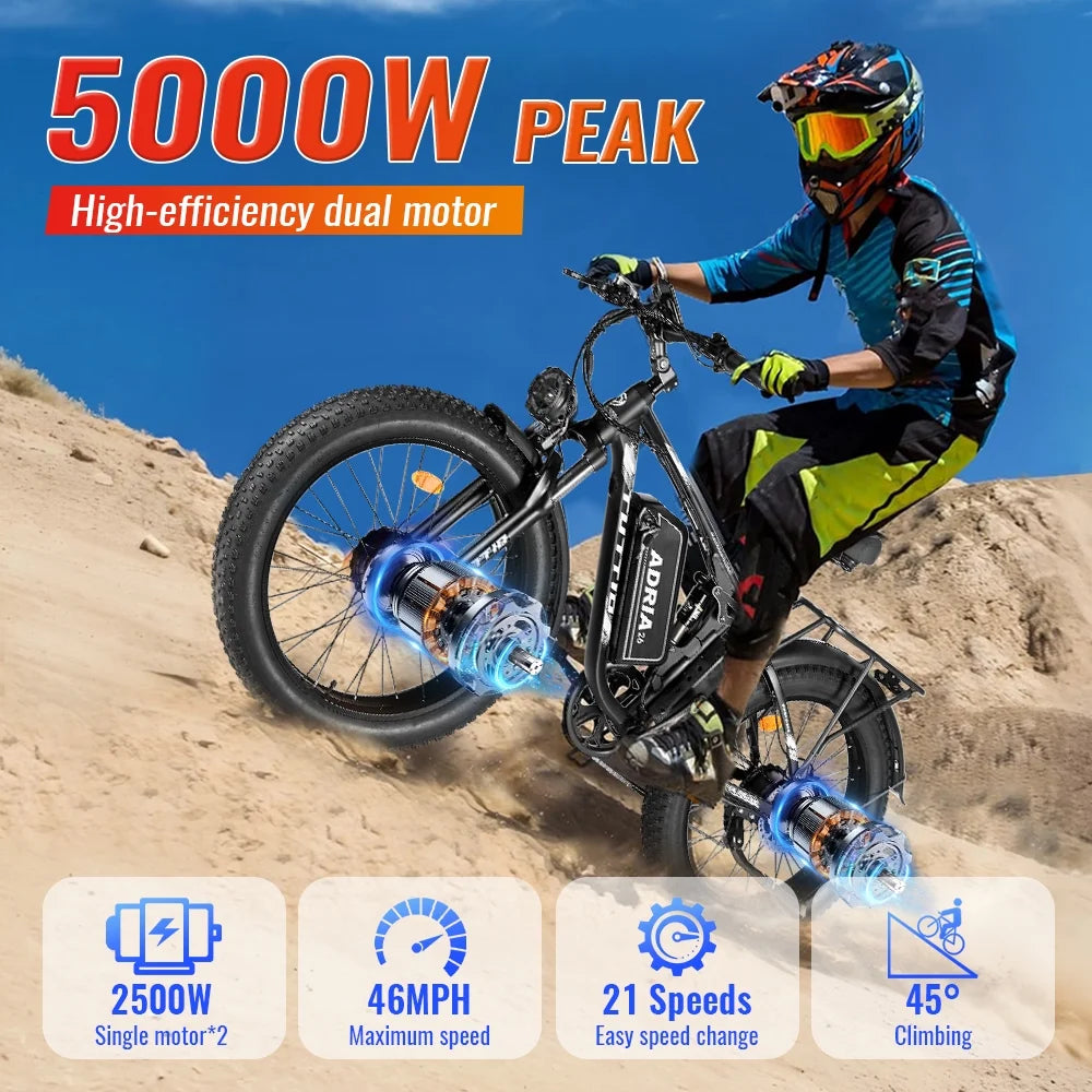TUTTIO Adria26 5000W Electric Mountain Bike for Adults, 26" Fat Tire E-Bike for Men, 7 Speed, Max 46Mph