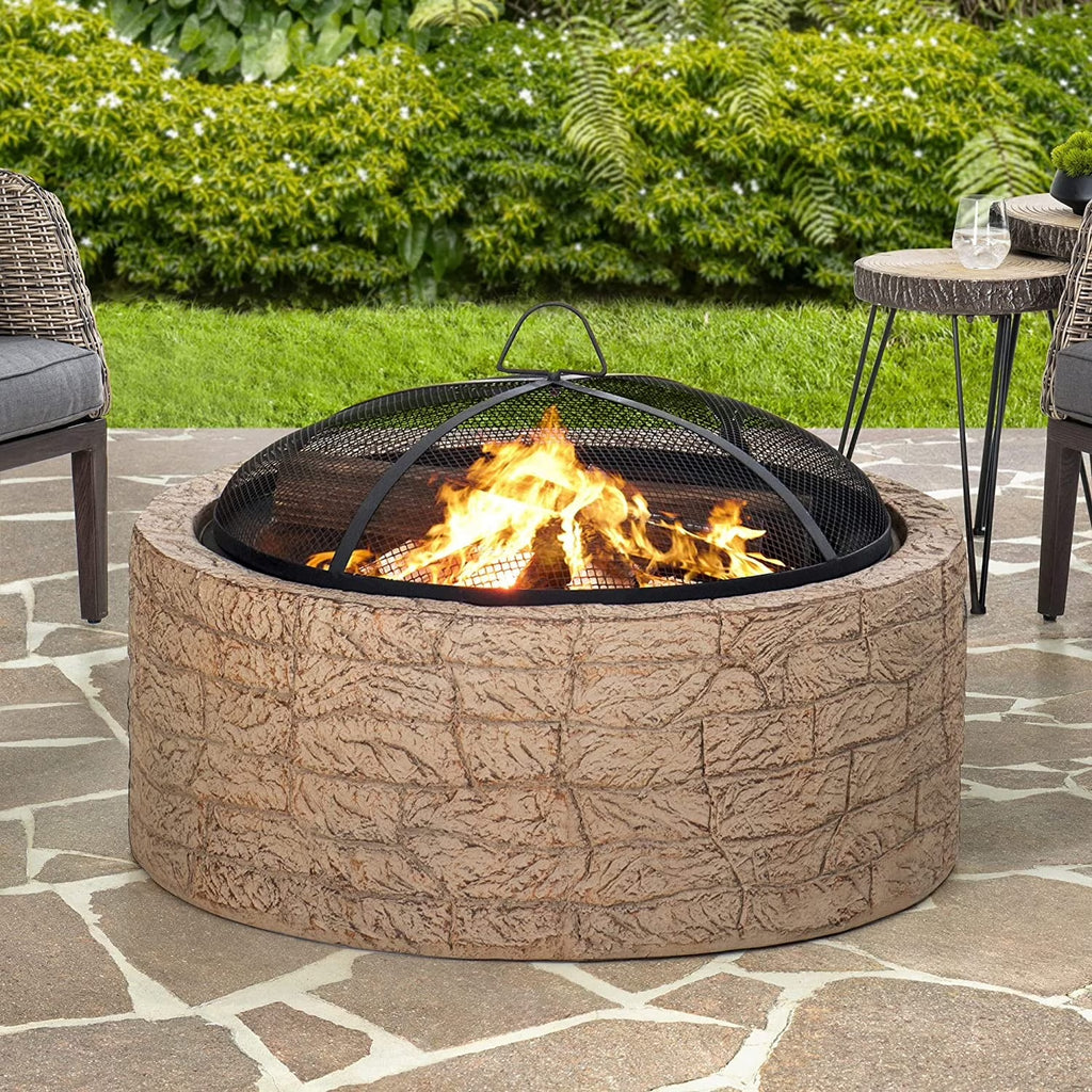 Sunjoy Stone Fire Pit 26 Inch, Outdoor Round Wood Burning Fire Pits with Spark Screen and Poker  Grey