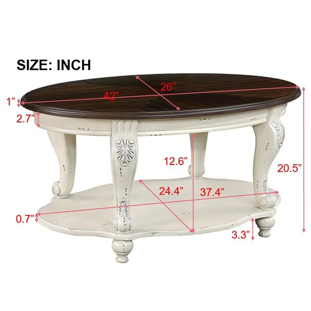 42" Oval Coffee Table with Storage Shelf, 2-Tier Solid Wood Cocktail Tea Table, Traditional Retro Center Table for Living Room, Bearing 400LBS, Cherry