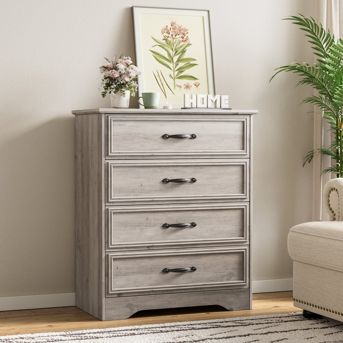 LGHM 4 Drawer Dresser, Modern Wood Chest Dresser for Bedroom Livingroom Gray