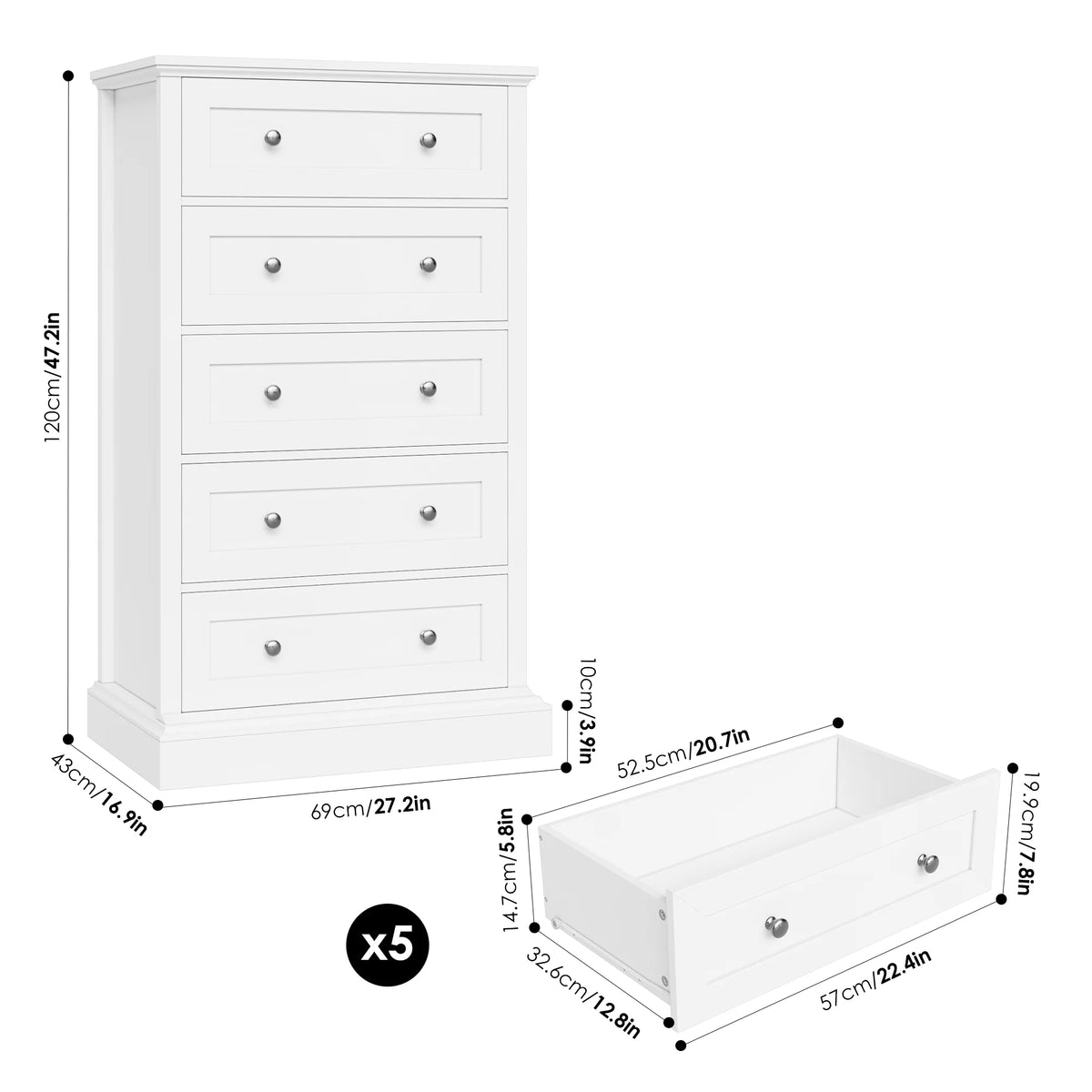 Homfa 5 Drawer Bedroom Dresser, Tall Wood Nightstand Storage Cabinet for Office Living Room,Gray