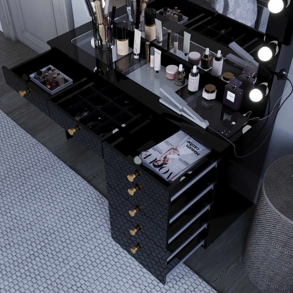 Ember Interiors Modern Large Greige Makeup Vanity Desk with Built-in Lights, Power Outlet with USB Type-C, Glass Top, 7 Drawers and Crystal Knobs