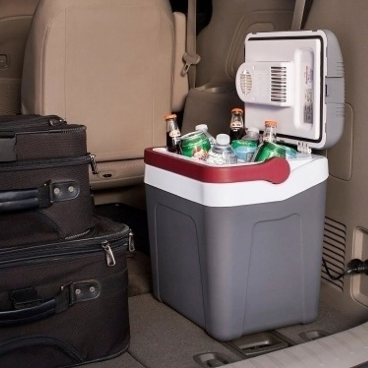 Koolatron 12V Electric Cooler 24L (26 qt), With Self-Locking Handle, Gray/Red