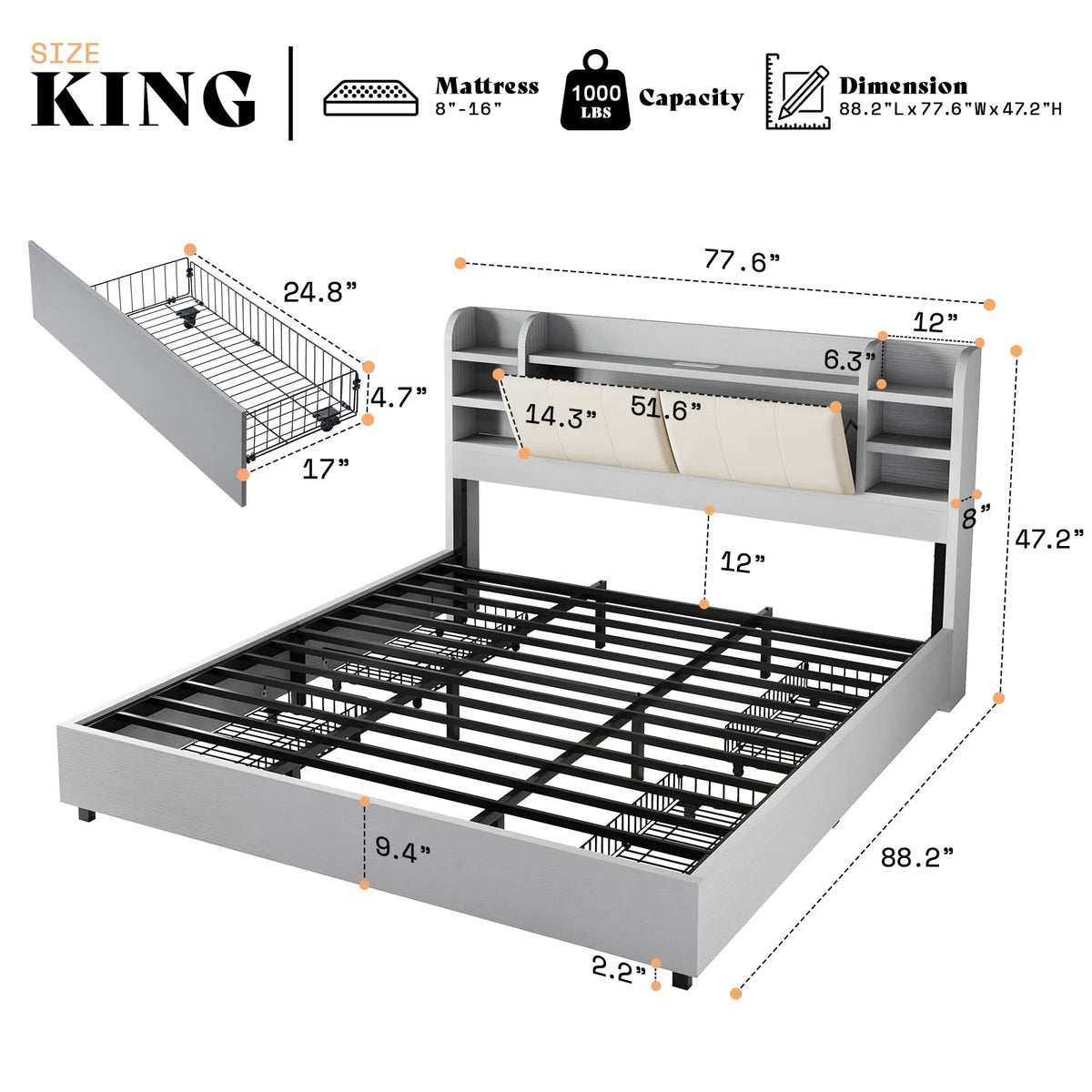 PLAUIN King Size Bed Frame with Storage Drawers, 47.2" Headboard and Wooden Platform, Grey