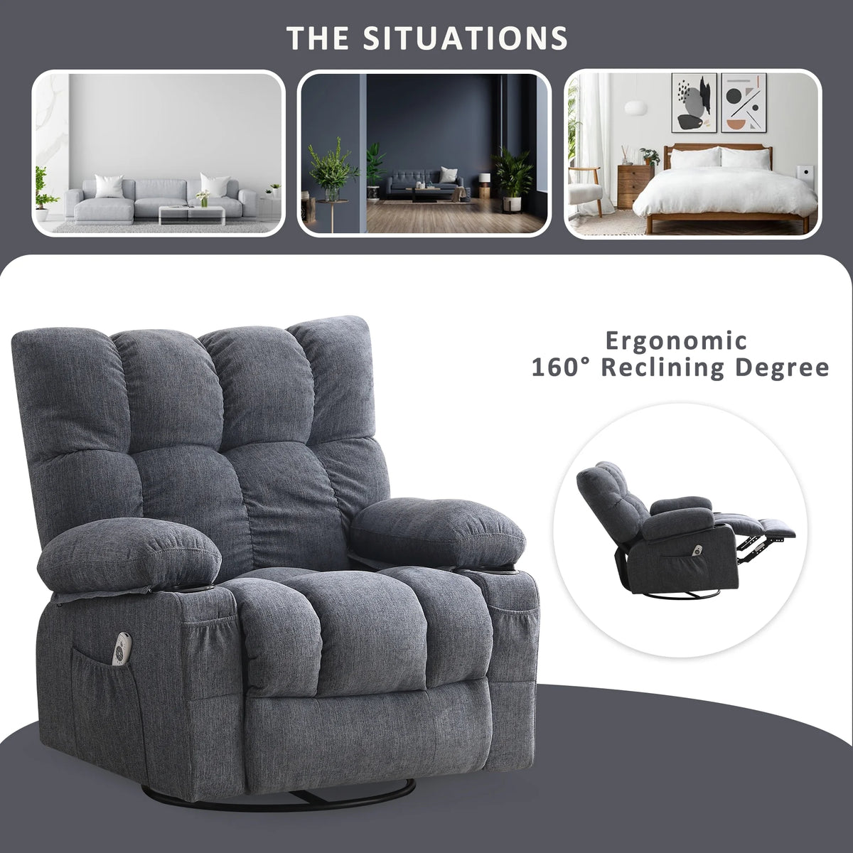JONPONY Manual Recliner Chair with Heat Therapy and Massage Function, Heavy Duty Reclining Mechanism Massage Chair, Elderly Single Rocker Sofa with Cup Holders for Bedroom Home Theater,Grey
