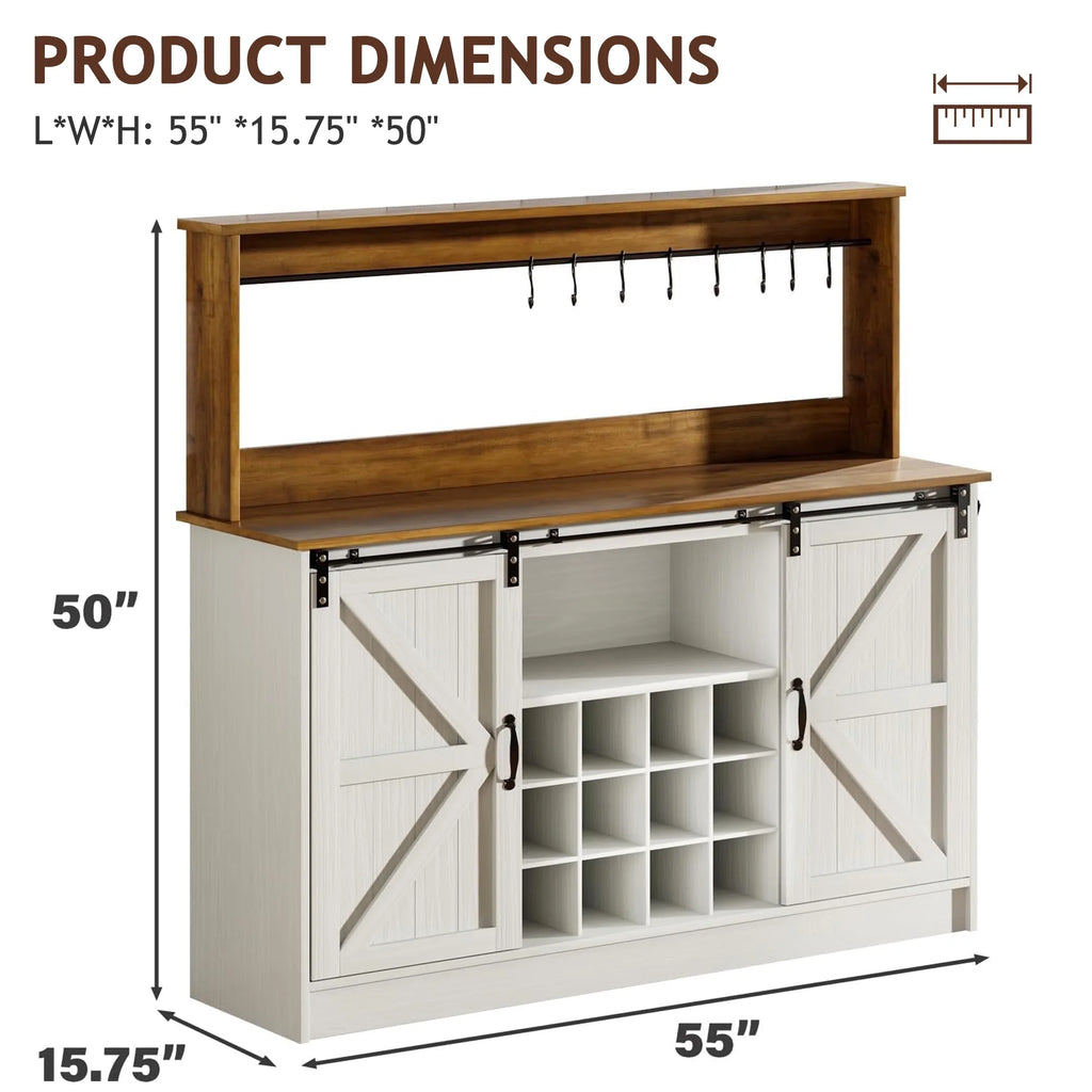 DreamCurship 55" Farmhouse Coffee Bar Cabinet, Buffet Sideboard Storage Cabinet, Wine Bar Cabinet with Wine Rack, White