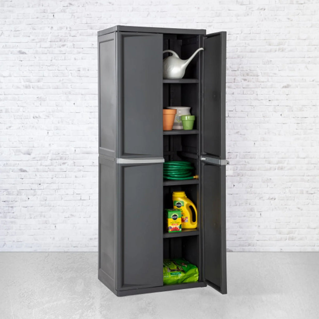Wangbujianwang 4 Shelf Cabinet, Lockable Utility Storage w/ Adjustable Shelves, Gray - Plastic Shelving Unit for Organizing Garage, Pantry, Basement, Laundry Room or Mudroom