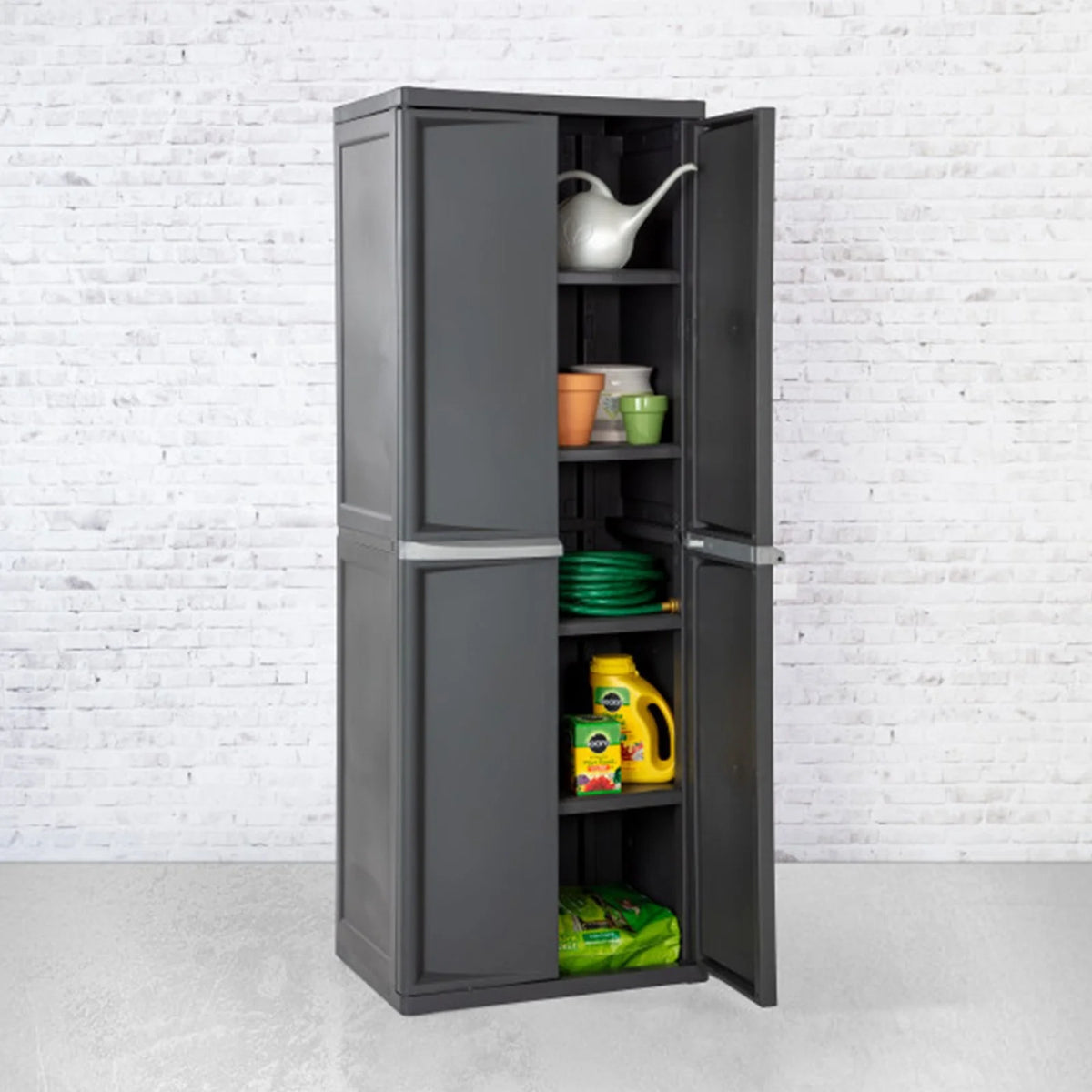 Wangbujianwang 4 Shelf Cabinet, Lockable Utility Storage w/ Adjustable Shelves, Gray - Plastic Shelving Unit for Organizing Garage, Pantry, Basement, Laundry Room or Mudroom