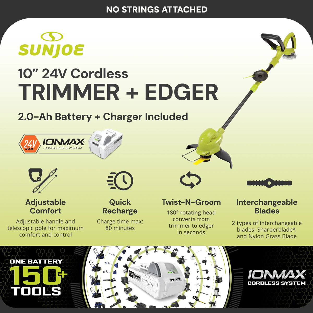 Sun Joe 10�� Stringless Lawn Trimmer, Battery Charger, SharperBlade, Green, 24V-SB10-LTE