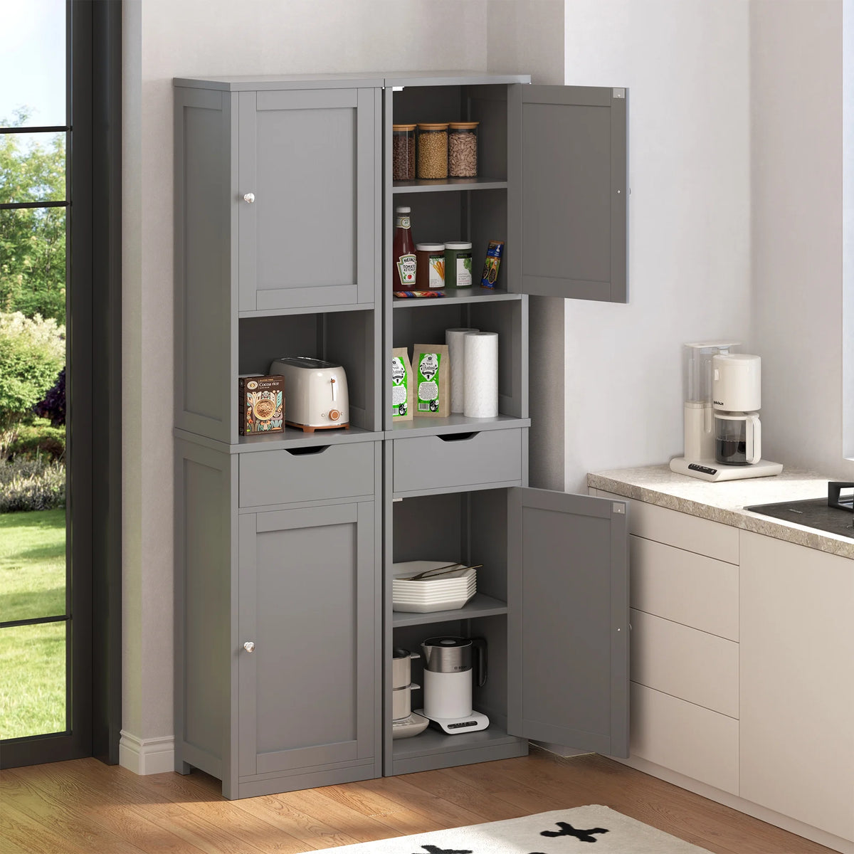 Walsunny Bathroom Storage Cabinet 64" Tall Wooden Kitchen Cupboard Pantry Cabinet with Doors Shelves Drawer Black