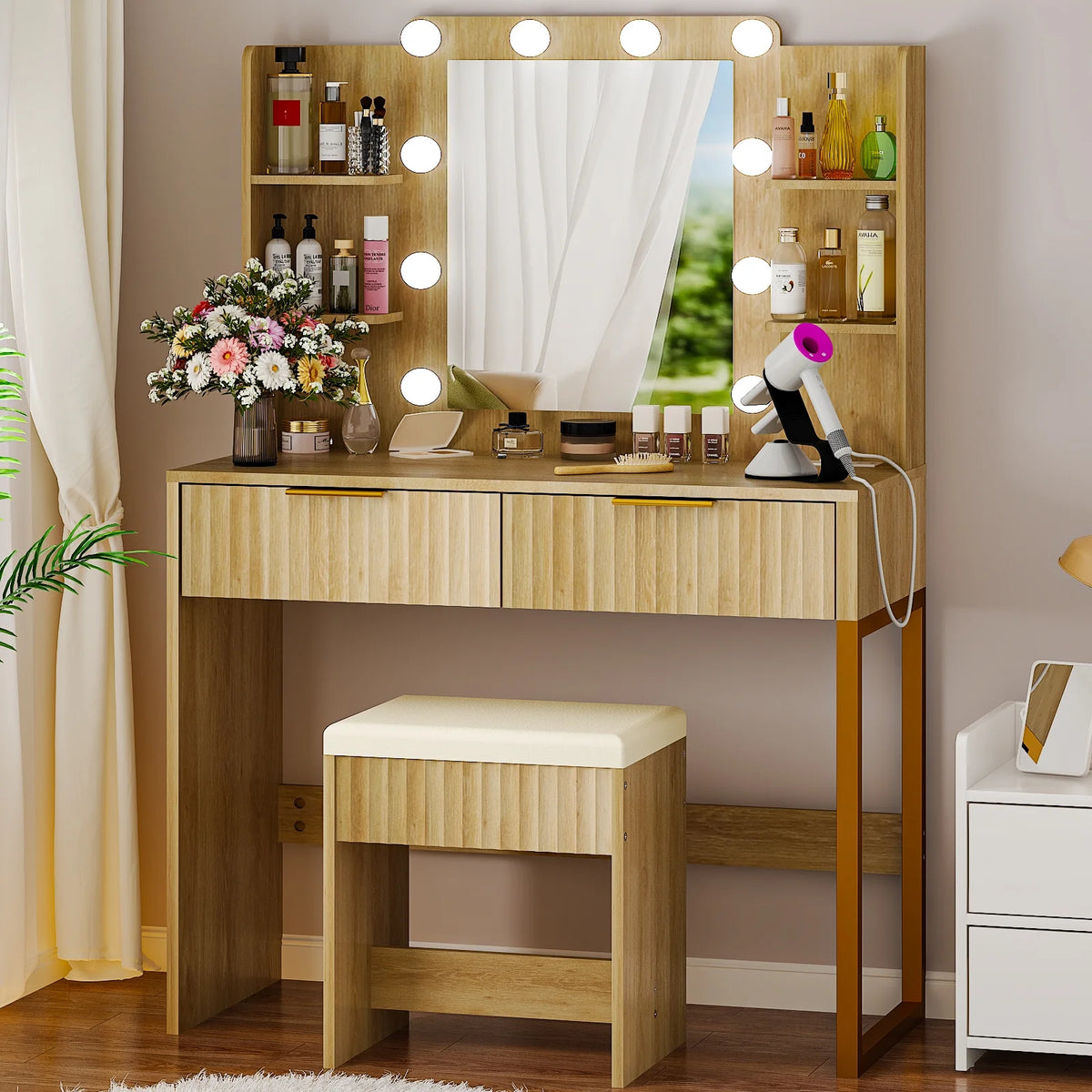 Ktaxon Lighted Makeup Vanity, White Vanity Table Set with 2 Drawer and Charging Station, Femal Gift