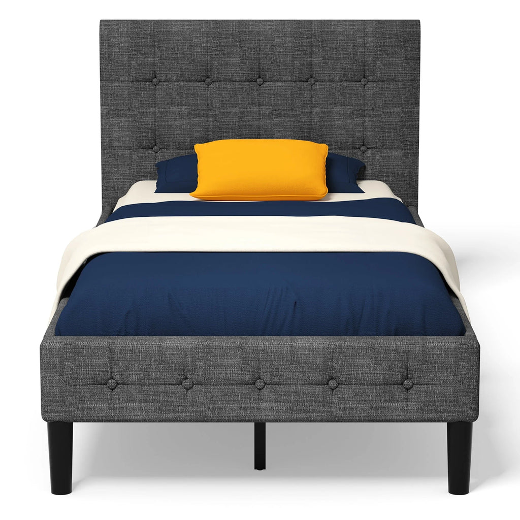 Costway Twin Upholstered Bed Frame Button Tufted Headboard Mattress Foundation Grey