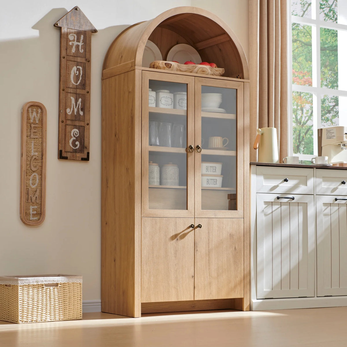 SinCiDo Arched Kitchen Pantry Storage Cabinet, 71-Inch Tall Wood Adjustable Shelves, 2 Doors, 2 Drawers