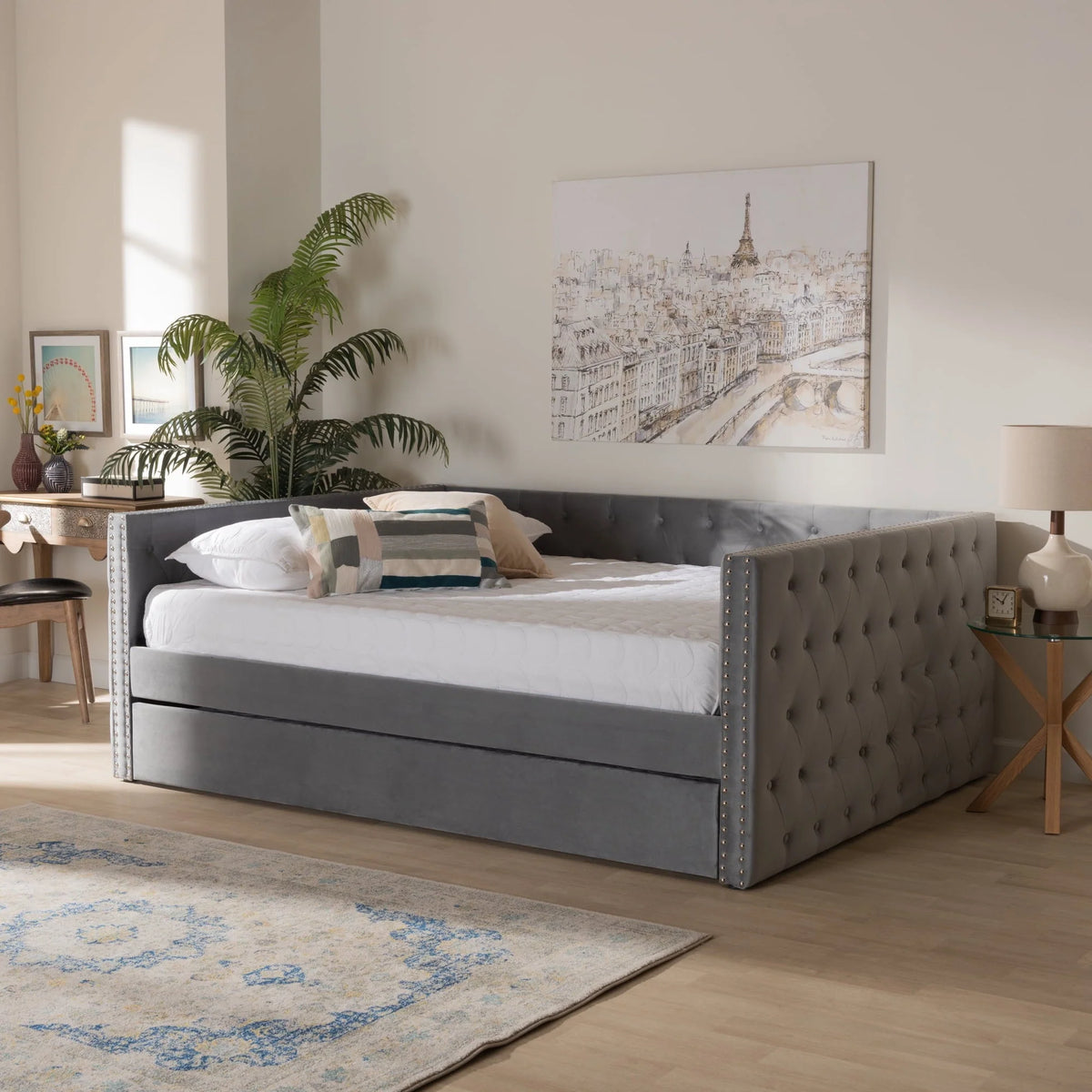 Baxton Studio Larkin Contemporary Upholstered with Trundle Daybed, Full, Grey