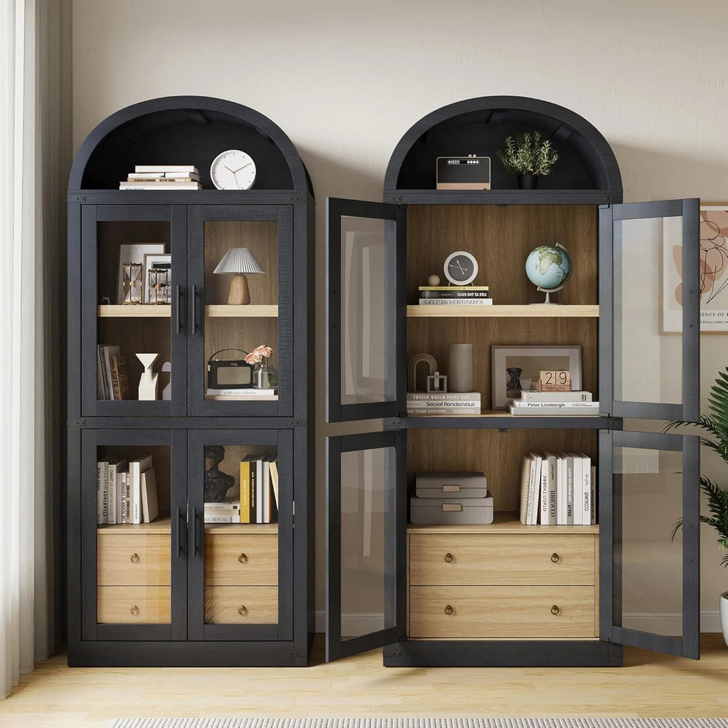 Arched Kitchen Pantry Storage Cabinet with 2 Drawers, 71-Inch Tall Farmhouse Wood Bookcase with 4 Doors for Kitchen Dining Room Bathroom