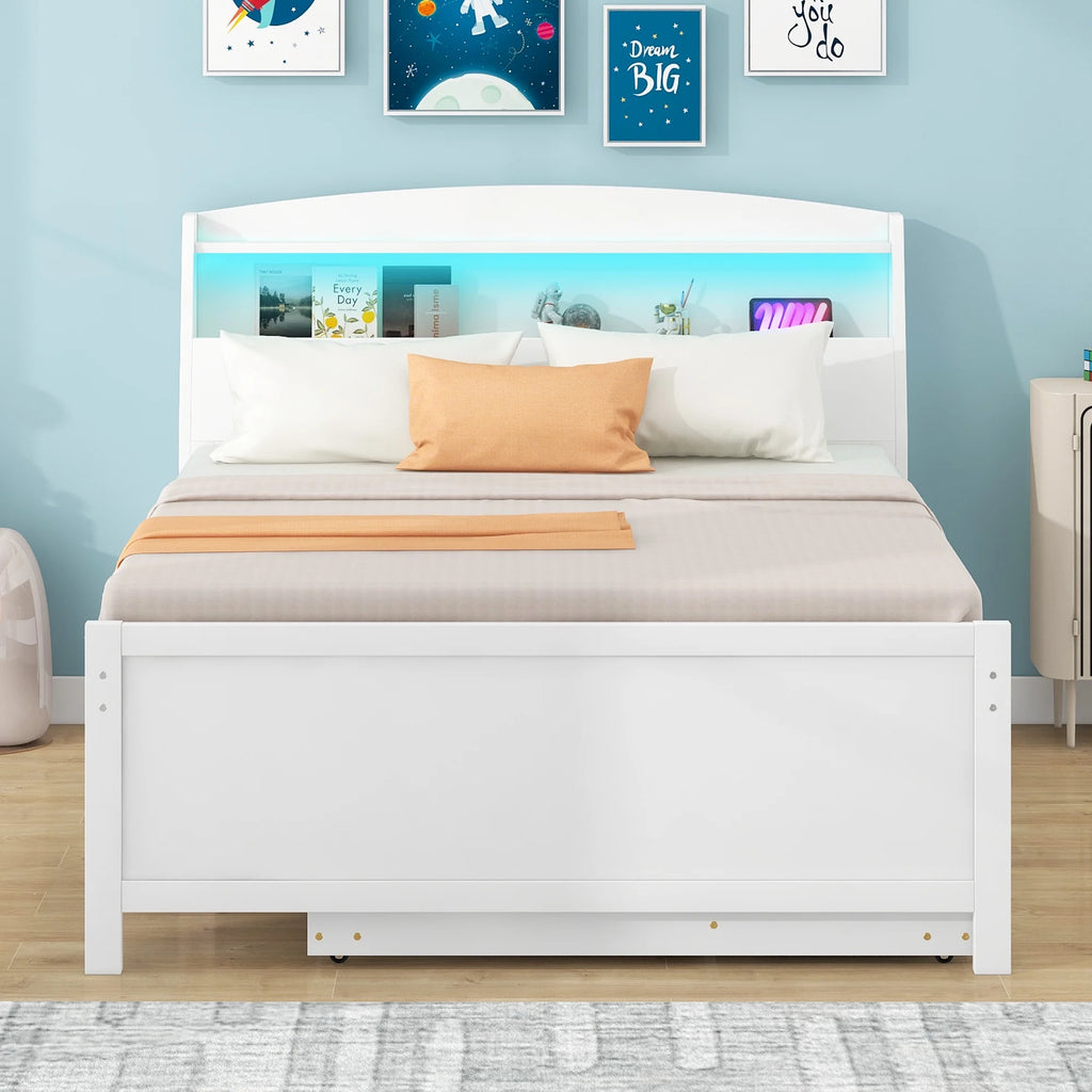 Euroco Wood Twin Size Platform Bed with Storage Headboard, Drawers Trundle and LED Light, White