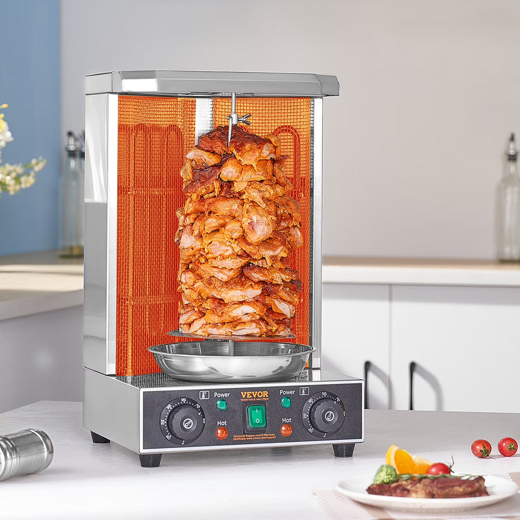 KFFKFF Electric Vertical Chicken Grill Machine Countertop BBQ Rotisserie Stainless Steel Body with 2 Burners for Restaurant Dinner Home Kitchen