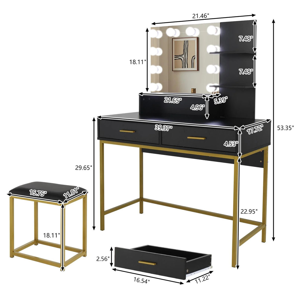 Ktaxon Lighted Makeup Vanity, White Vanity Table Set with 2 Drawer and Charging Station, Femal Gift