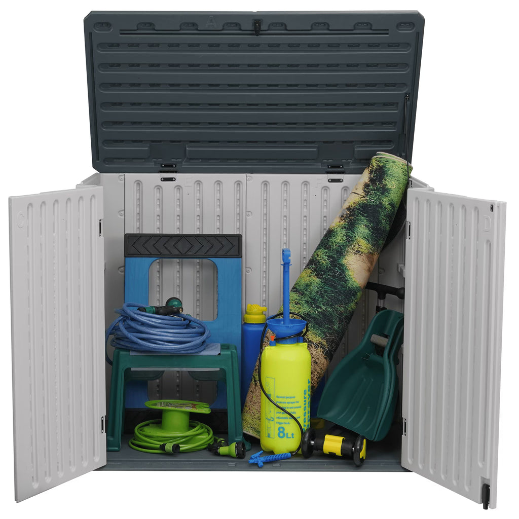 EHHLY Horizontal Resin Storage Shed, 47 Cuft Garden Tool Sheds & Outdoor Storage, Outdoor Plastic Storage Cabinet Waterproof, 4.5 x 2.8 ft Backyard Outside Lawn Mower Storage Shed, Vanilla