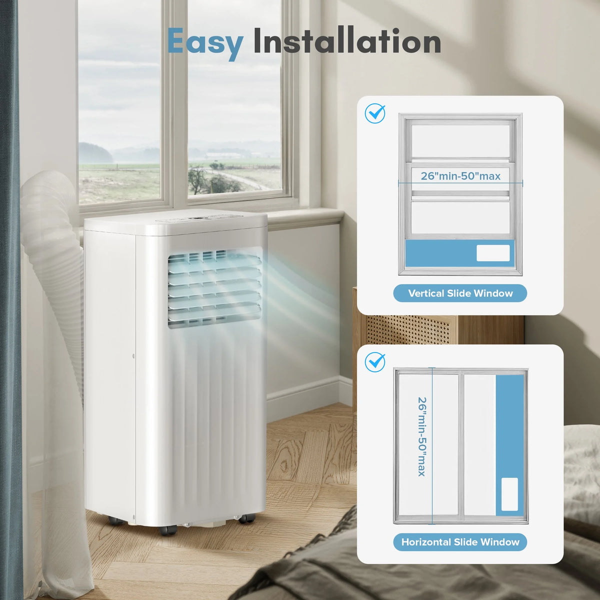KISSAIR Portable Air Conditioner 8000 BTU Ashrae, 3-in-1 Portable AC, Dehumidifier & Fan with 24-Hour Timer/Remote Control/Windows Kit (White)