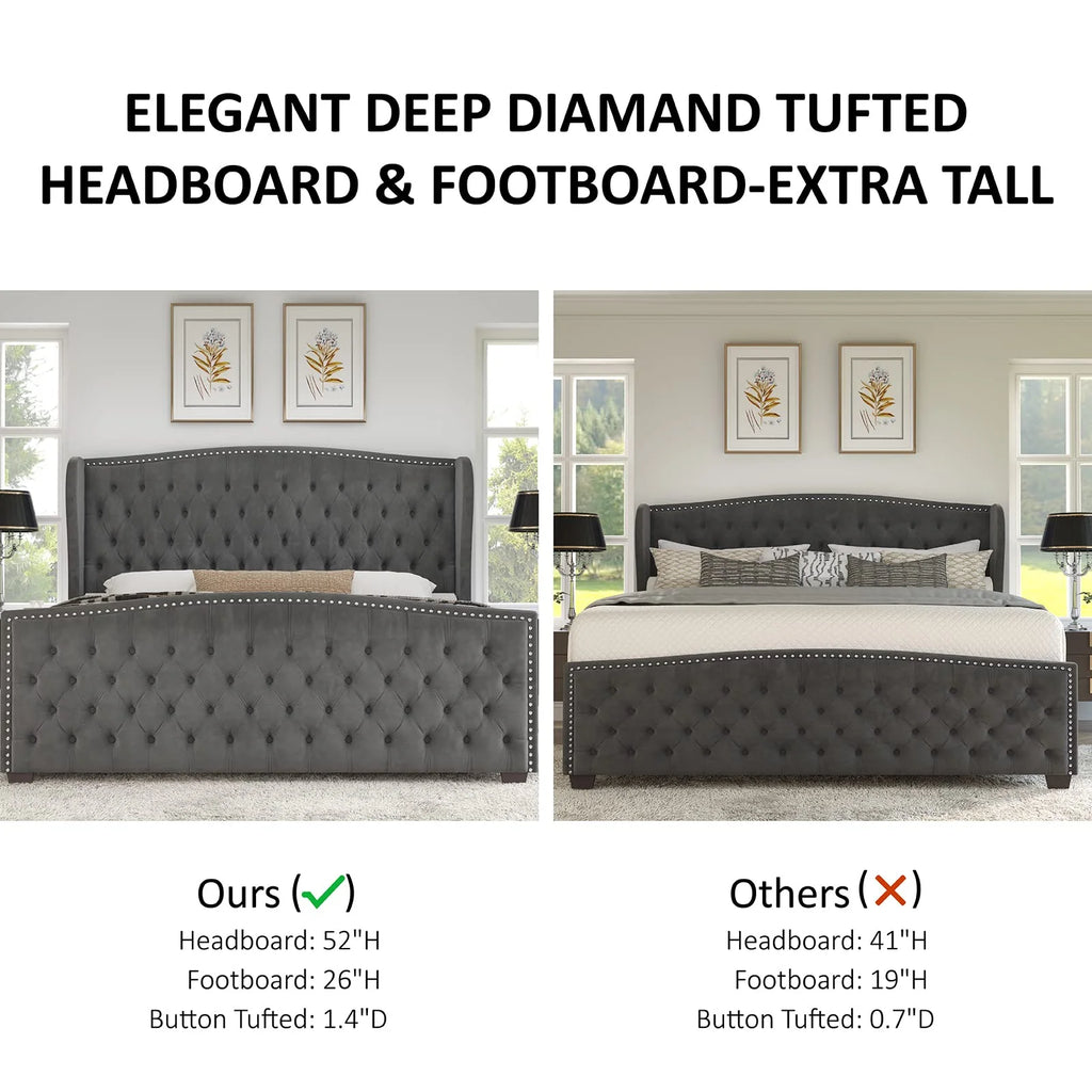VANACC Queen Size Bed Frame, Velvet Upholstered Bed with Deep Button Tufted Wingback Headboard��Grey
