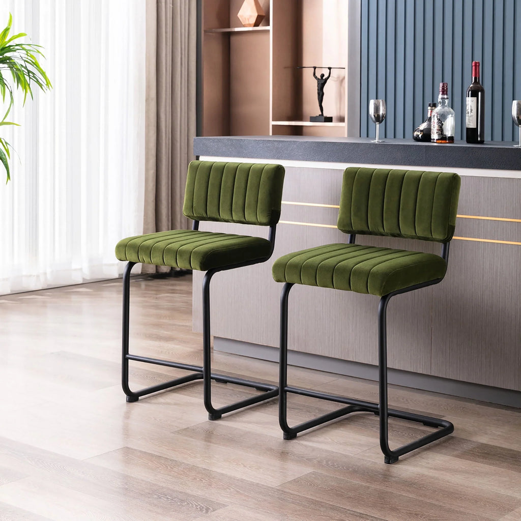 Zesthouse 24" Velvet Counter Stools Set of 2, Modern Counter Height Bar Stools with Back and Black Metal Base, Green