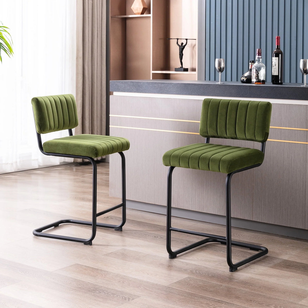 Zesthouse 24" Velvet Counter Stools Set of 2, Modern Counter Height Bar Stools with Back and Black Metal Base, Green